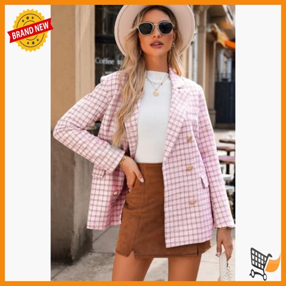 Plaid Tweed Blazer Double Breasted Long Sleeve Open Front Work Casual - Picture 5 of 7